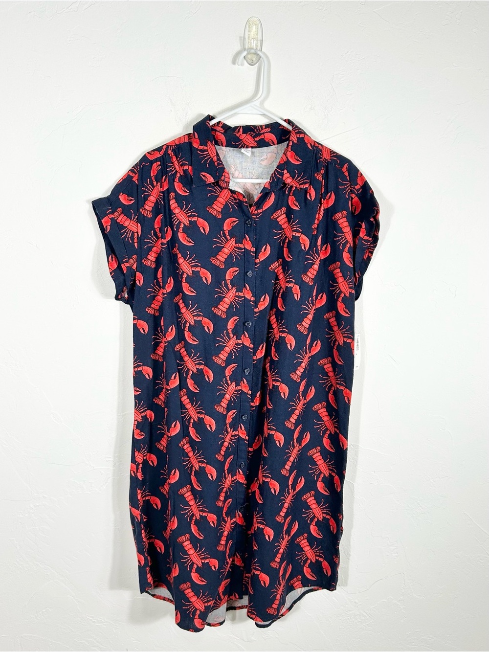 Old Navy Lobster Linen Blend Shirt Dress XL NWT Navy Blue Red Button Front Mini